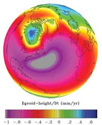 image depicts the predicted time rate of change in geoid height expected to result from postglacial rebound as predicted by the ICE-4G (VM2)