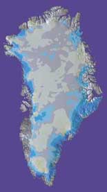 computer generated image of Greenland that shows how the ice mass is changing