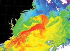 Gulf Stream (red), a surface ocean current that plays a critical role in redistributing heat from the tropics to the poles