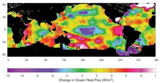 map illustrates the heat exchange flux over Earths oceans for a five year period