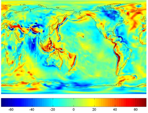 Gravity anomalies from 363 days of GRACE data (GGM02S)