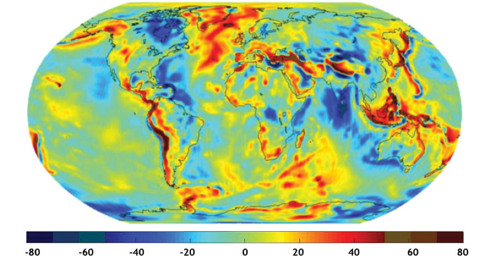 Gravity anomalies from 363 days of GRACE data (GGM02S)